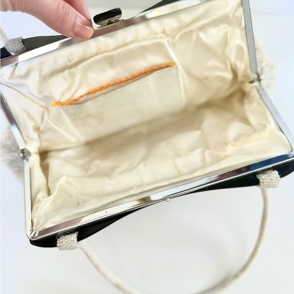 Vintage 50s Beaded Evening Purse Floral Acrylic Top Handle Bag Satin - Picture 9 of 10